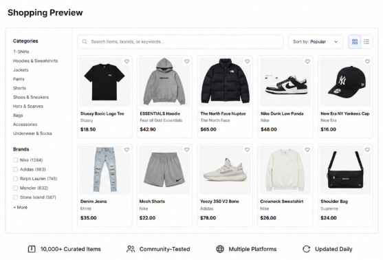 Hipobuy shopping preview showing product categories and item options